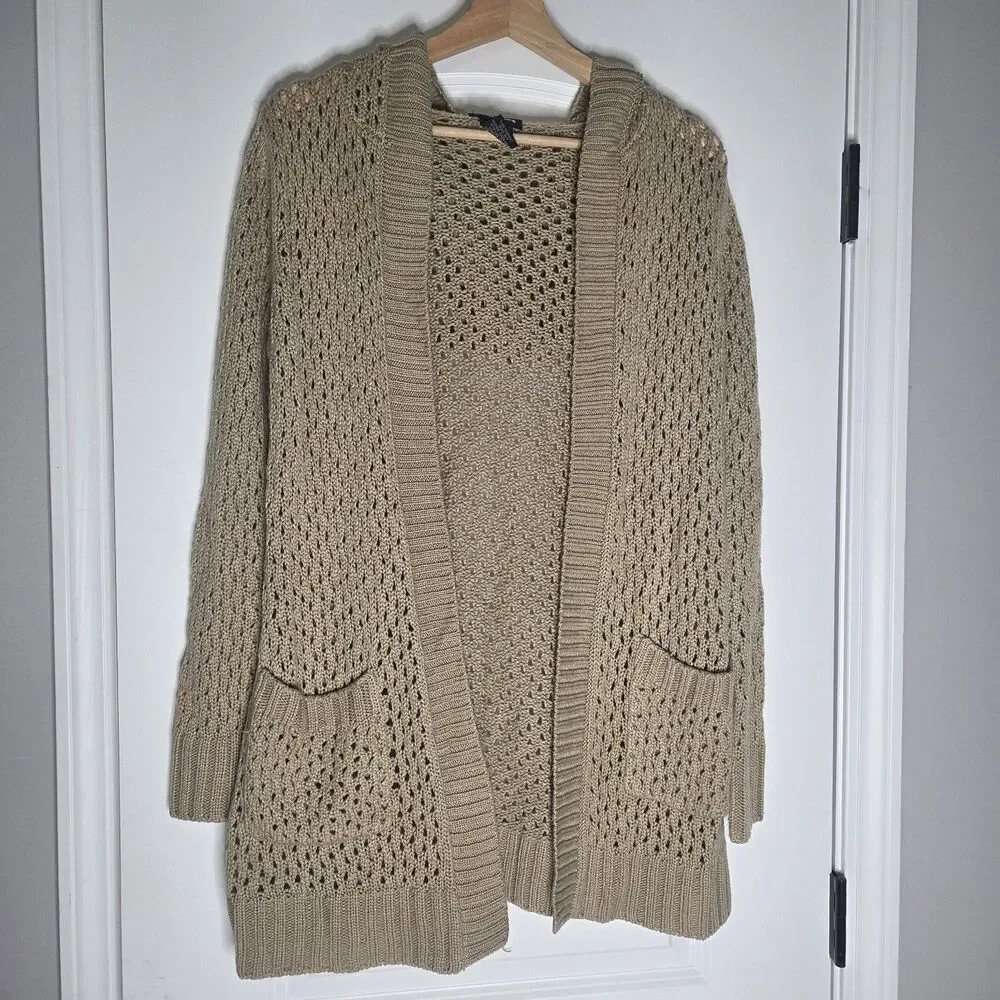 It's Our Time Open Knit Hooded Cardigan Tan Size M